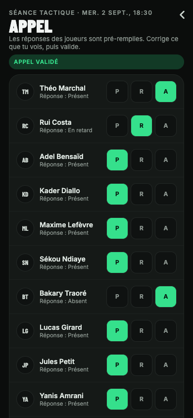 Appel de séance : liste des joueurs et statuts de présence