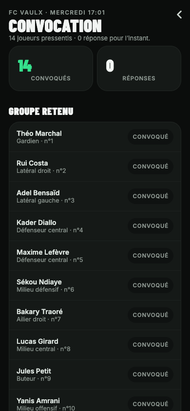 Convocation de match : groupe retenu et suivi des réponses