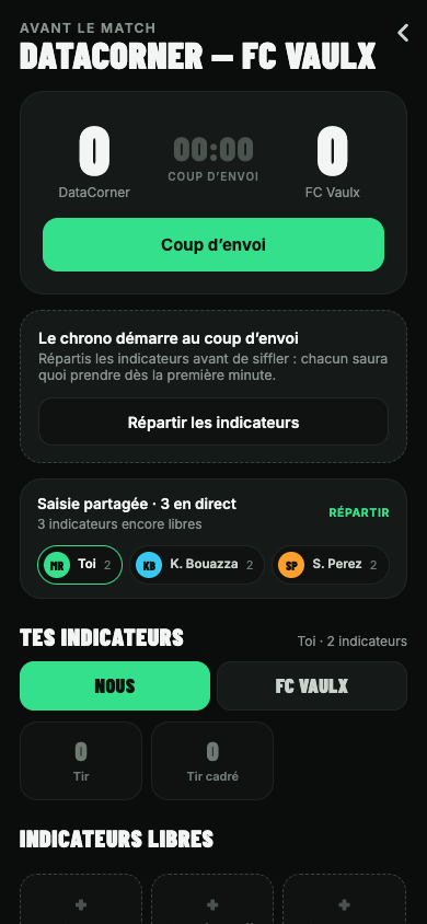 Écran de direct : score, chronomètre, observateurs et indicateurs partagés