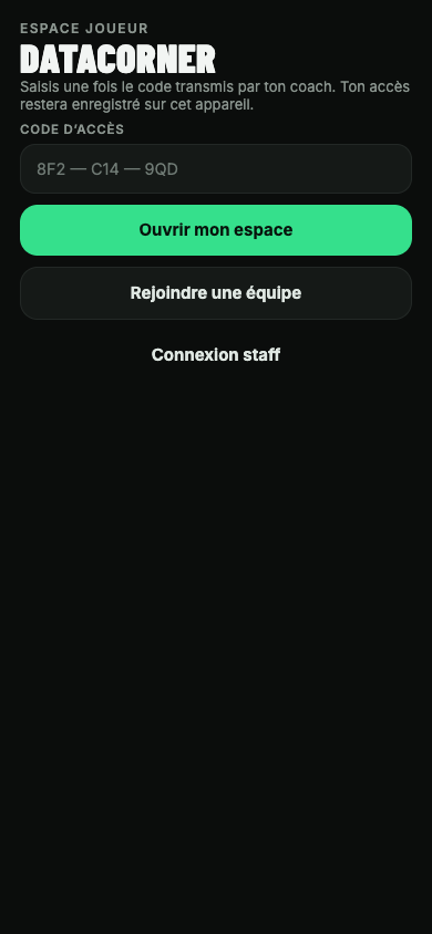 Entrée de l’espace joueur par code personnel dans l’application
