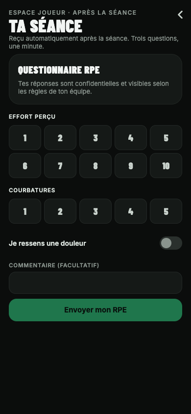 Questionnaire post-séance dans l’espace joueur : effort perçu et courbatures