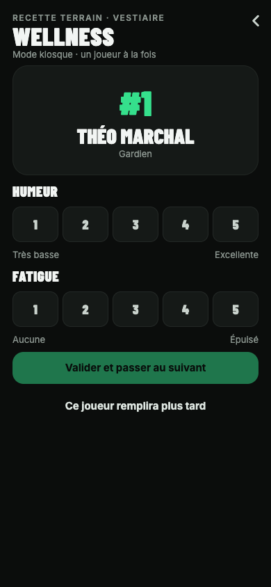 Kiosque wellness : humeur et fatigue du joueur sur deux échelles
